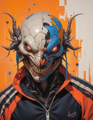 A waist-up oil painting of a sinister creature wearing a cracked and weathered mask with black liquid oozing through. The creature wears a sporty tracksuit with orange and black colors set against an orange background with abstract paint splatters.