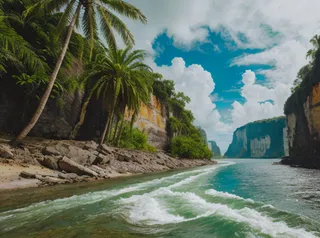 Tropical river flanked by high cliffs and palm trees under a sunny, partly cloudy sky with visible ocean waves