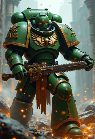 Warhammer 40k space marine in green power armor holding a chainsaw sword amidst a smoky battlefield with glowing embers.