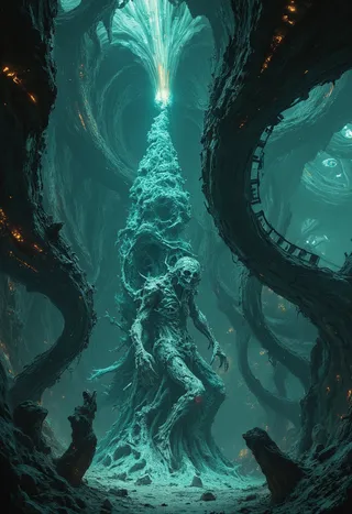 Una scultura futuristica fotorealistica in una caverna oscura ispirata all'Isola dei Morti di Arnold Böcklin, con una figura scheletrica e un'architettura surreale e luminosa