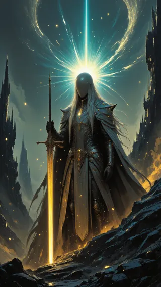 Full-body of an elven warrior in shining ornate armor holding a glowing magical sword amid a surreal landscape with crystalline spires and a radiant portal.