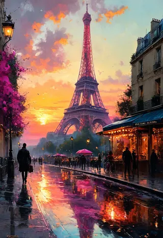 Oil painting of the Eiffel Tower at sunset with a bustling Paris street, colorful reflections on wet pavement, and vibrant triadic colors.