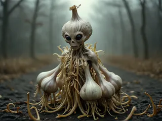 A surreal, alien garlic figure with large black eyes and a windswept cloak standing in a foggy forest, featuring intricate details and a grainy, vignette effect.