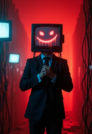 A man in a dark suit with a television for a head displaying a sinister red smiley face dripping with digital distortion, standing in a dimly lit dystopian environment with cables and an ominous red glow.