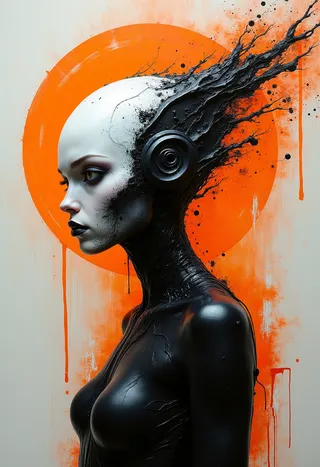 Seitenprofil einer minimalistischen außerirdischen Cybergoth-Figur mit glatter schwarz-weißer Haut, die futuristische Kopfbedeckung trägt, vor einem hellen fluoreszierenden orangefarbenen Hintergrund.