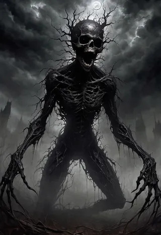 A nightmarish skeletal eldritch abomination with elongated limbs and twisted, branch-like protrusions, standing amid fog under a gloomy moonlit sky with dark clouds and distant gothic spires.