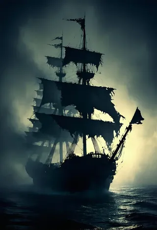 Silhouette of a pirate ghost ship with tattered black sails and a jolly roger flag, emerging from mist over dark, choppy waters at night.