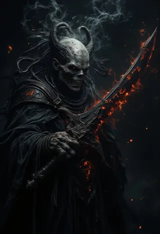 A dark close-up portrait of an undead warrior demon with pale, decayed skin and glowing red eyes, holding a cursed sword etched with glowing red runes surrounded by smoky tendrils.