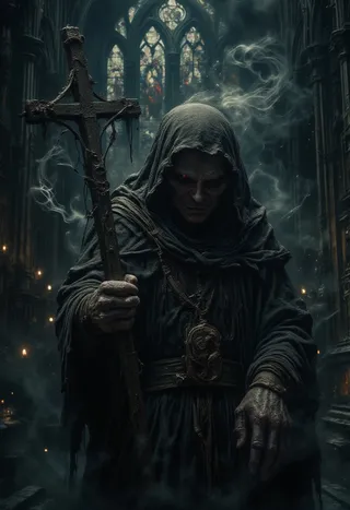 Elderly haunted priest with red glowing eyes holding an ancient cross in a dark gothic cathedral surrounded by swirling smoke and dim candlelight.