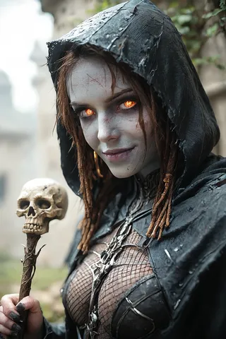 A necromancer woman with grey skin and glowing orange eyes wearing a black hood and fishnet clothes, holding a skull-topped staff in a cemetery.