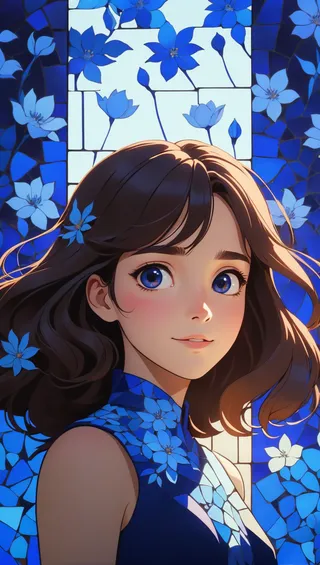 Anime style portrait of a young woman with blue eyes and brown hair, wearing a cobalt blue dress with floral patterns, set against a mosaic floral background in shades of blue.