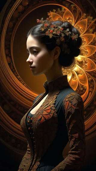 Side profile of a woman with a forlorn expression, dressed in an ornate outfit with leaf patterns, set against a warm fractal art backdrop with deep shadows.