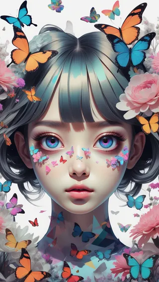 A digital illustration of a girl in Harajuku fashion surrounded by vibrant butterflies and flowers, featuring bright blue eyes and delicate floral and butterfly decorations on her face.