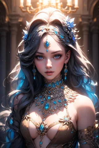 A fantasy portrait of a woman wearing baroque style jewelry with blue gemstones and diamonds, including earrings, a large necklace, and hair adornments.