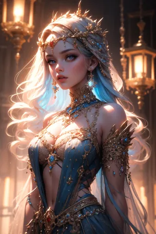 Fantasy portrait of a woman adorned with intricate baroque style jewelry featuring blue gemstones and diamonds, rendered in high detail with vray lighting.