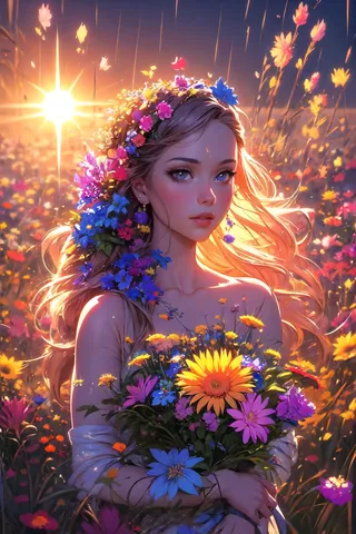 Portrait of a woman adorned with flowers in her hair and holding a colorful bouquet, illuminated by warm sunlight in a scenic flower field.