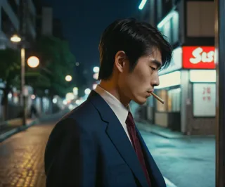 Young man in a business suit smoking a cigarette in front of a sushi restaurant at night on a wet street in 1980s Japan with street lamps and cinematic lighting.