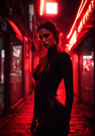 A captivating femme fatale stands on a dark city street bathed in red neon lights, wearing a sleek black outfit with an intense and mysterious gaze.