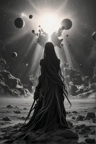 A dark figure with long flowing hair stands on a rocky extraterrestrial landscape, facing a glowing dying star surrounded by floating planets and asteroid-like formations in deep space.