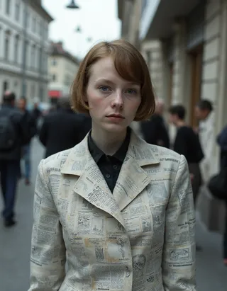 Woman with short hair wearing a suit made of newspapers standing on a street in Bern, Switzerland, on a dim cloudy day in 2005.