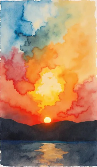 Abstract watercolor painting of a sunset landscape with vivid orange, red, yellow, and blue sky colors reflecting on water.