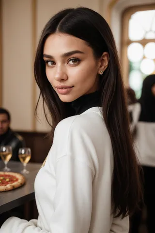 Portrait of an Italian model smiling indoors at a small pizza place, wearing black leggings and a white sweatshirt, with soft depth of field and warm lighting.