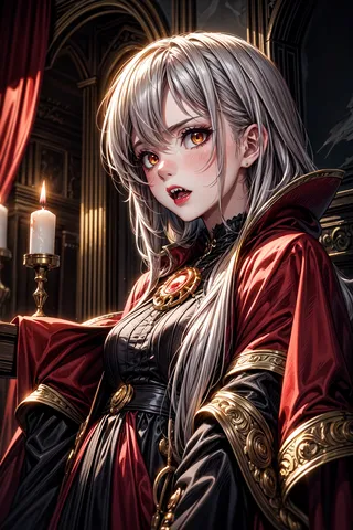 Dramatic close-up of a regal vampire with aristocratic features wearing a crimson cape, showing sharp fangs in a dimly lit gothic chamber illuminated by candlelight.
