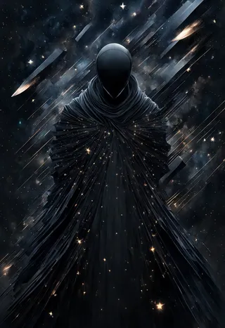 A dark silhouette of a human space cowboy figure cloaked in black and grey tones, surrounded by geometrical spaceship shapes flying through a swarm of minimal dark grey stars in a surreal cosmic background.