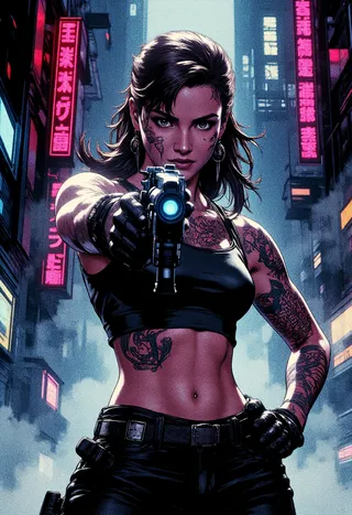 Tattooed muscular female warrior in cyberpunk city, aiming a 50 caliber magnum revolver, dressed in combat gear with neon lights in background.