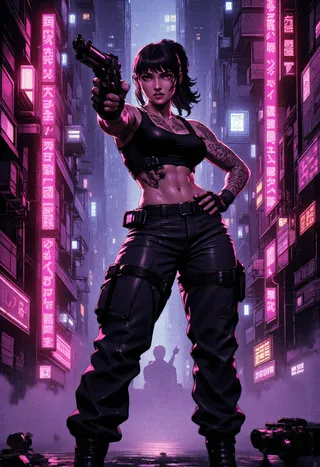 Tattooed muscular female warrior in cyberpunk city holds a gigantic revolver aimed at viewer, neon lights and smoky shadows in manga style.