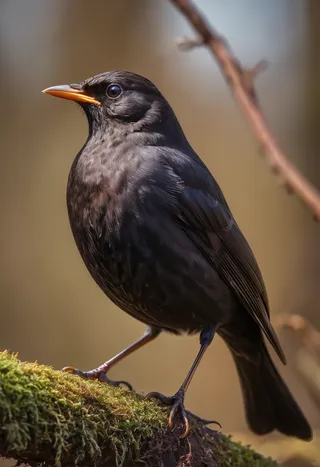 Close-up of a blackbird perched on mossy branch with detailed feathers and warm natural background lighting