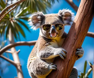 Koala wearing sunglasses climbing a tree with detailed fur, vibrant blue sky background, captured in a high-quality 35mm style photograph with film grain effect.