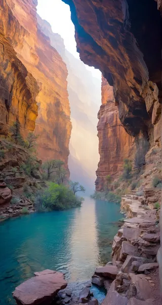 A vast canyon with towering orange and brown rock formations, mist and haze filling the air, and a calm turquoise river flowing between cliffs with rocky steps along the shore.