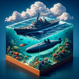 A detailed diorama featuring a warship on the ocean surface and a submarine below underwater surrounded by colorful coral and fish.