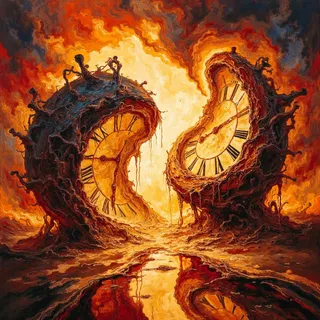 Two large melting clocks with distorted faces and Roman numerals set against a swirling fiery orange and dark background, symbolizing fluid and ephemeral time.