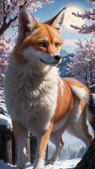 A detailed fox stands in a snowy landscape surrounded by blooming cherry blossom trees under a full moon, with mountains in the background.