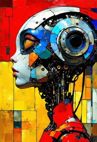 A colorful abstract portrait of an alien cyborg with mechanical details, inspired by expressionism and surrealism, featuring a complex geometric background.