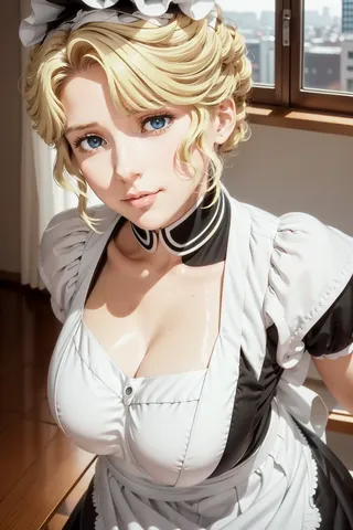 Close-up portrait of a blonde maid with blue eyes wearing a detailed black and white maid outfit and headdress, softly smiling with an innocent expression in front of a window with a city view.