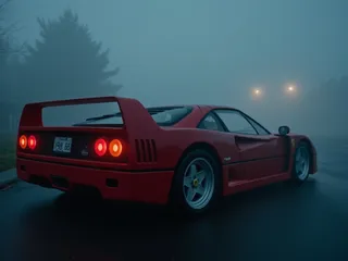 Rear view of a red Ferrari F40 on a wet pavement at dusk, enveloped in thick fog with glowing taillights and a cinematic haze.