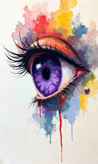 Close-up of an abstract watercolor painting featuring a stylized eye with a deep purple iris and vibrant eyelashes, surrounded by splashes of red, yellow, blue, and other colors.