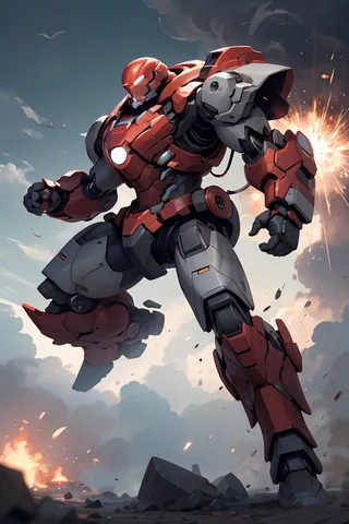 Iron Man in a bulky dark grey and red hardsuit flying with mechanical limbs and motion blur, explosions and clouds in the background at high altitude.