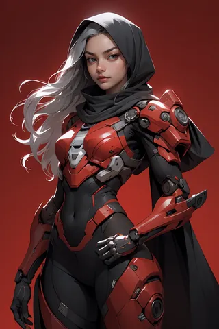 A female android with silver hair wearing a grey cloak, black and red mechanical armor, and mechanical arms standing against a red background.