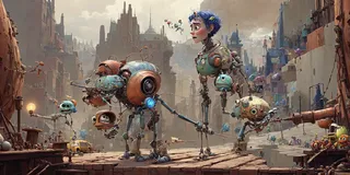 A whimsical group of colorful, animated robot characters with mechanical limbs and expressive faces in a detailed futuristic cityscape rendered in a Pixar-inspired style.