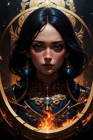 A highly detailed portrait of a beautiful young woman with long black hair, adorned with intricate golden ornamentation and blue jewels, surrounded by fire.