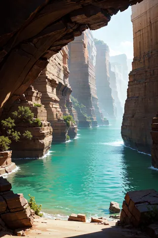 A stunning canyon scene with clear turquoise river flanked by tall, layered rock cliffs under bright natural light.