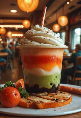 Close-up of a layered mousse dessert topped with whipped cream in a restaurant interior with warm lighting and cozy atmosphere