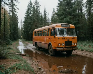 An orange ZIS-127 bus from the Soviet Union sits on a muddy road surrounded by dense forest and tundra landscape, with reflections in puddles and soft cinematic lighting.