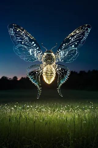 Glowing firefly with transparent, ethereal wings flying over a lush meadow at dusk with dark night sky in the background.