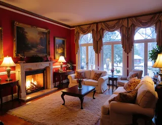 Cozy living room with a lit marble fireplace, white sofas with floral pillows, red wallpaper, large arch top windows showing a snowy blizzard outside, table lamps, and oil paintings on walls.