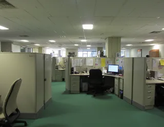 90s office room filled with rows of cubicles, featuring green carpet flooring and fluorescent ceiling lights under an uneasy ambiance.